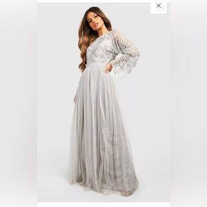 BOOHOO BRIDESMAID HAND EMBELLISHED GREY LONG SLEEVE MAXI DRESS SIZE 12
